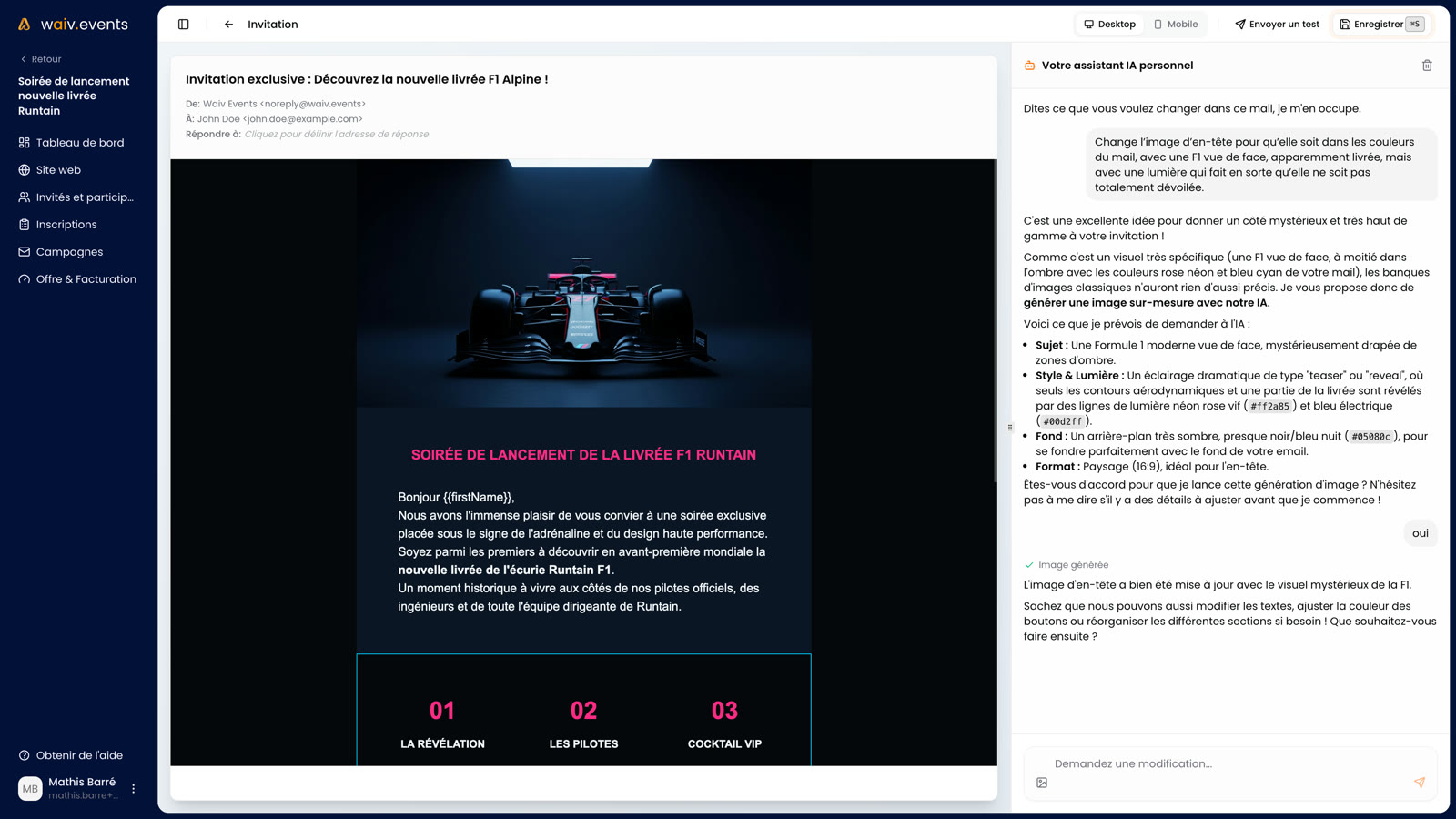 Interface de l'éditeur d'emails de Waiv avec l'assistant IA d'aide à la rédaction
