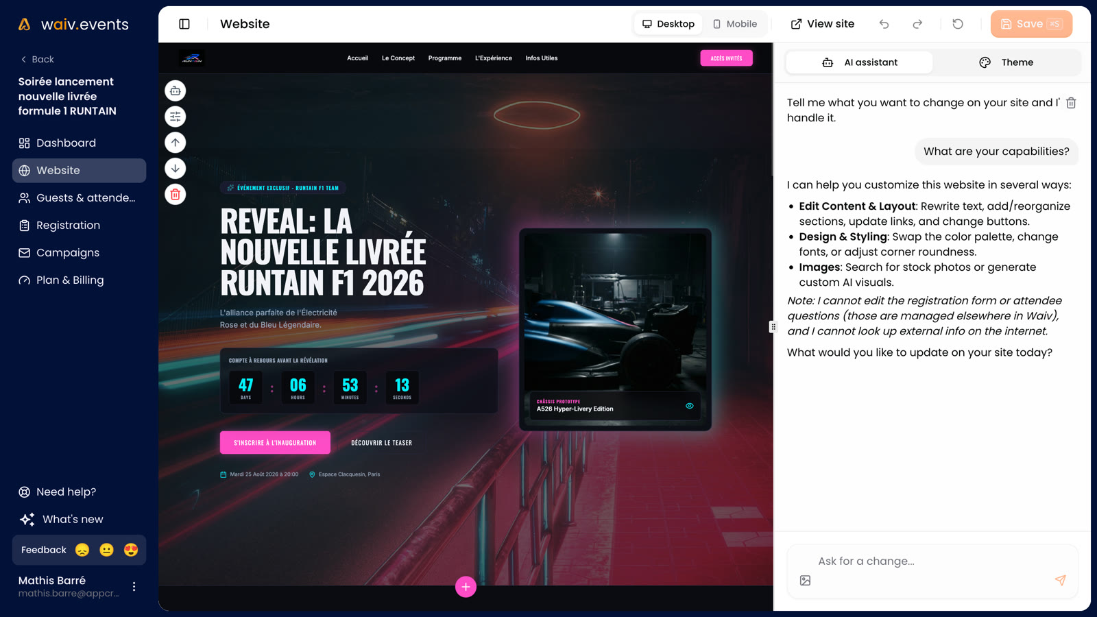 L'éditeur de site Waiv avec l'assistant IA ouvert à côté de l'aperçu du site
