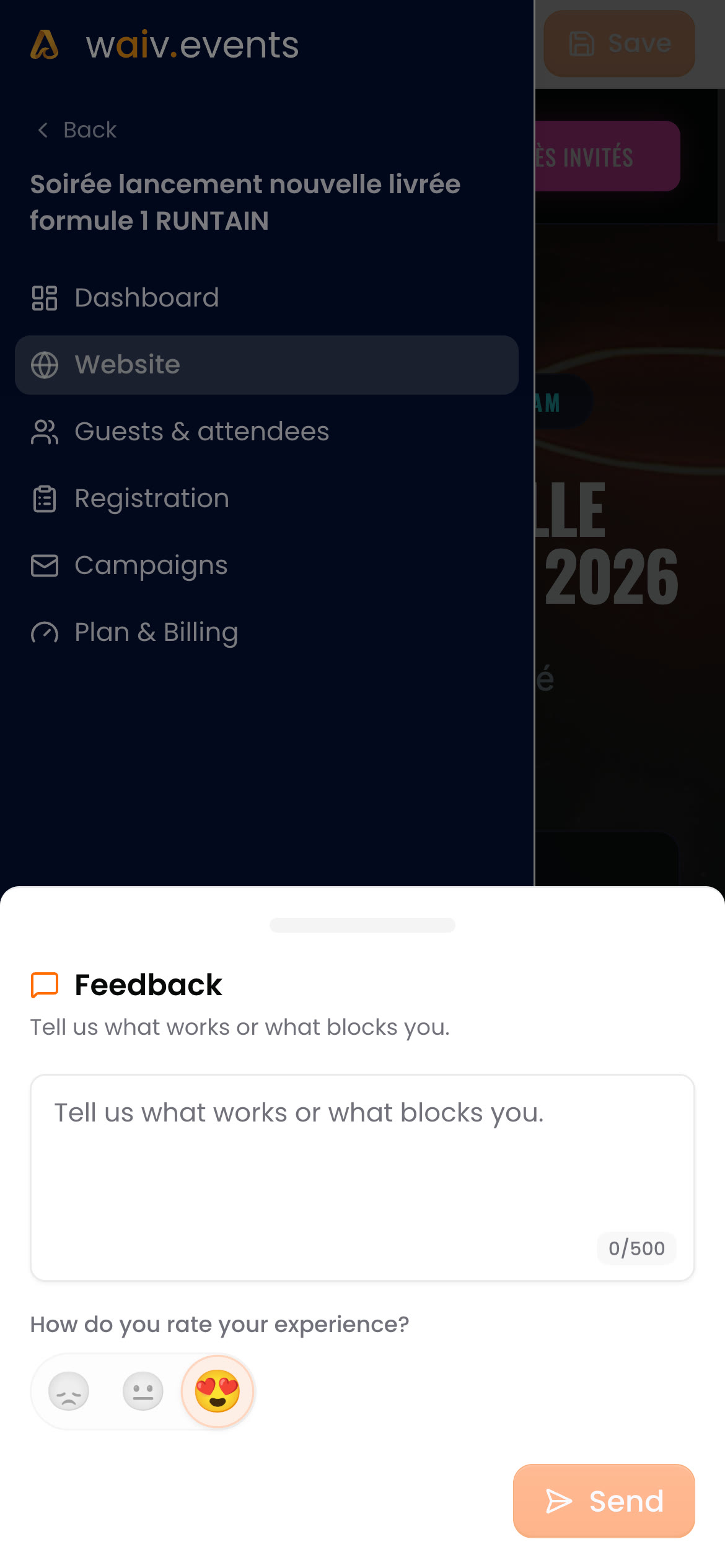 Le formulaire de feedback de Waiv avec une note d'humeur par emoji