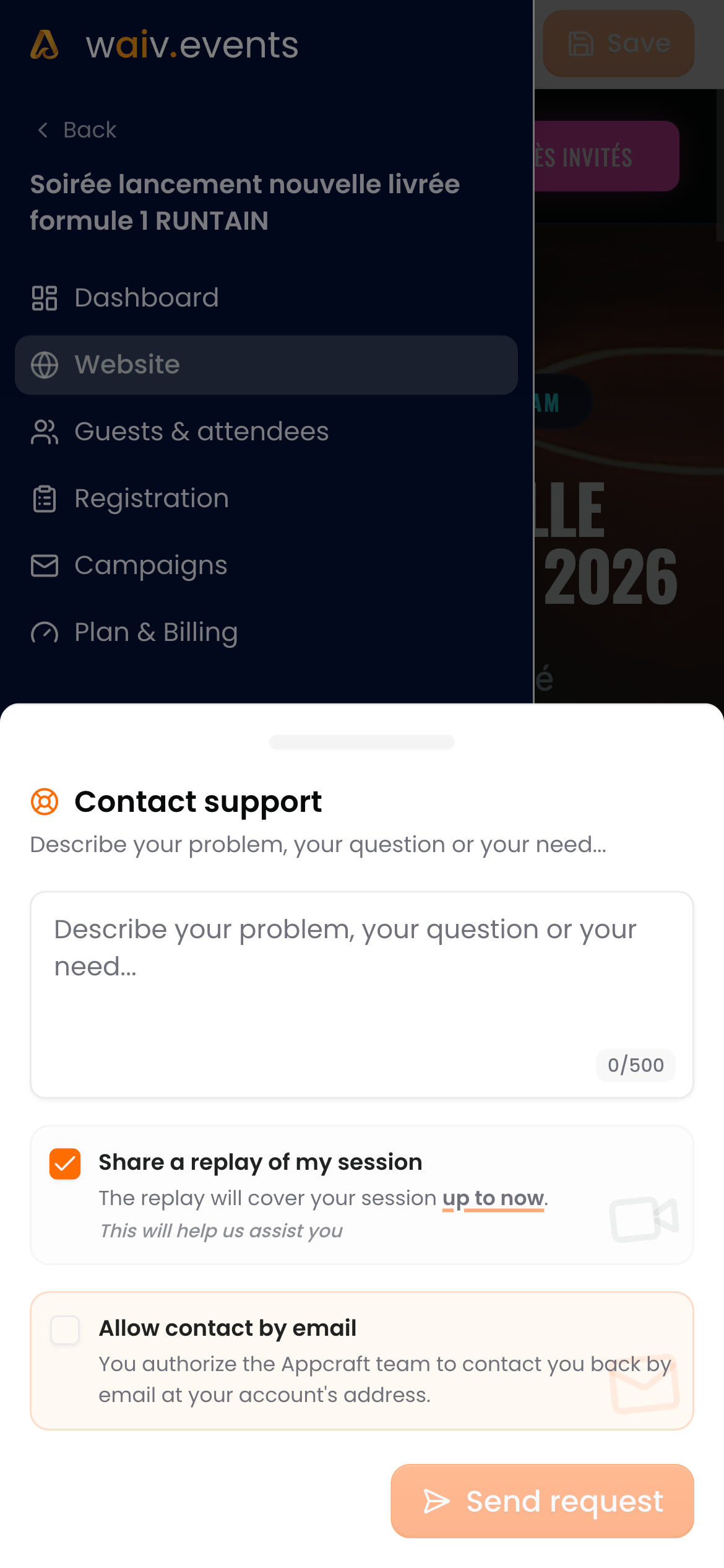 Le formulaire de contact du support avec le partage de replay de session