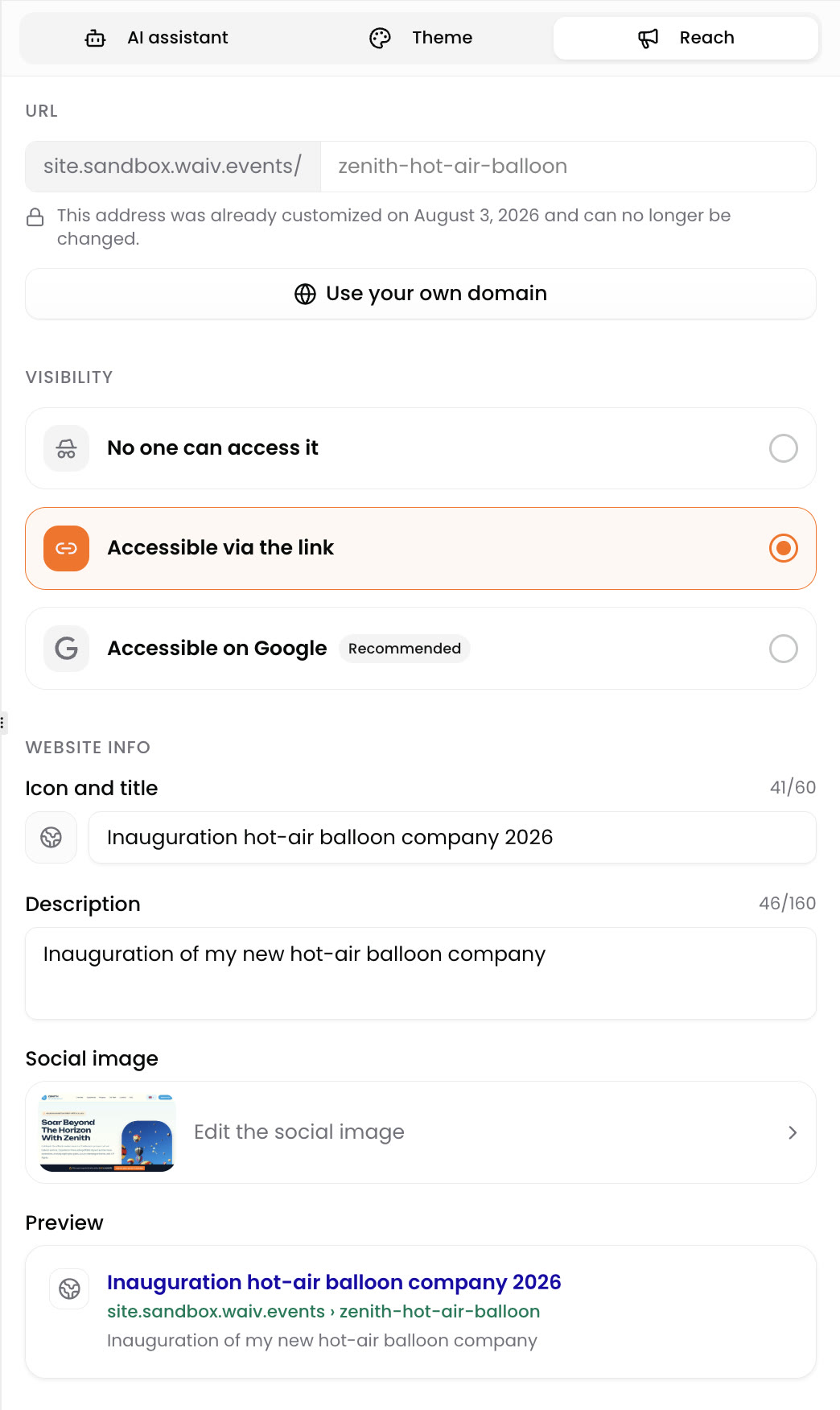 Le menu Diffusion de Waiv, avec l'adresse du site, les trois niveaux de visibilité, les infos du site et l'aperçu Google