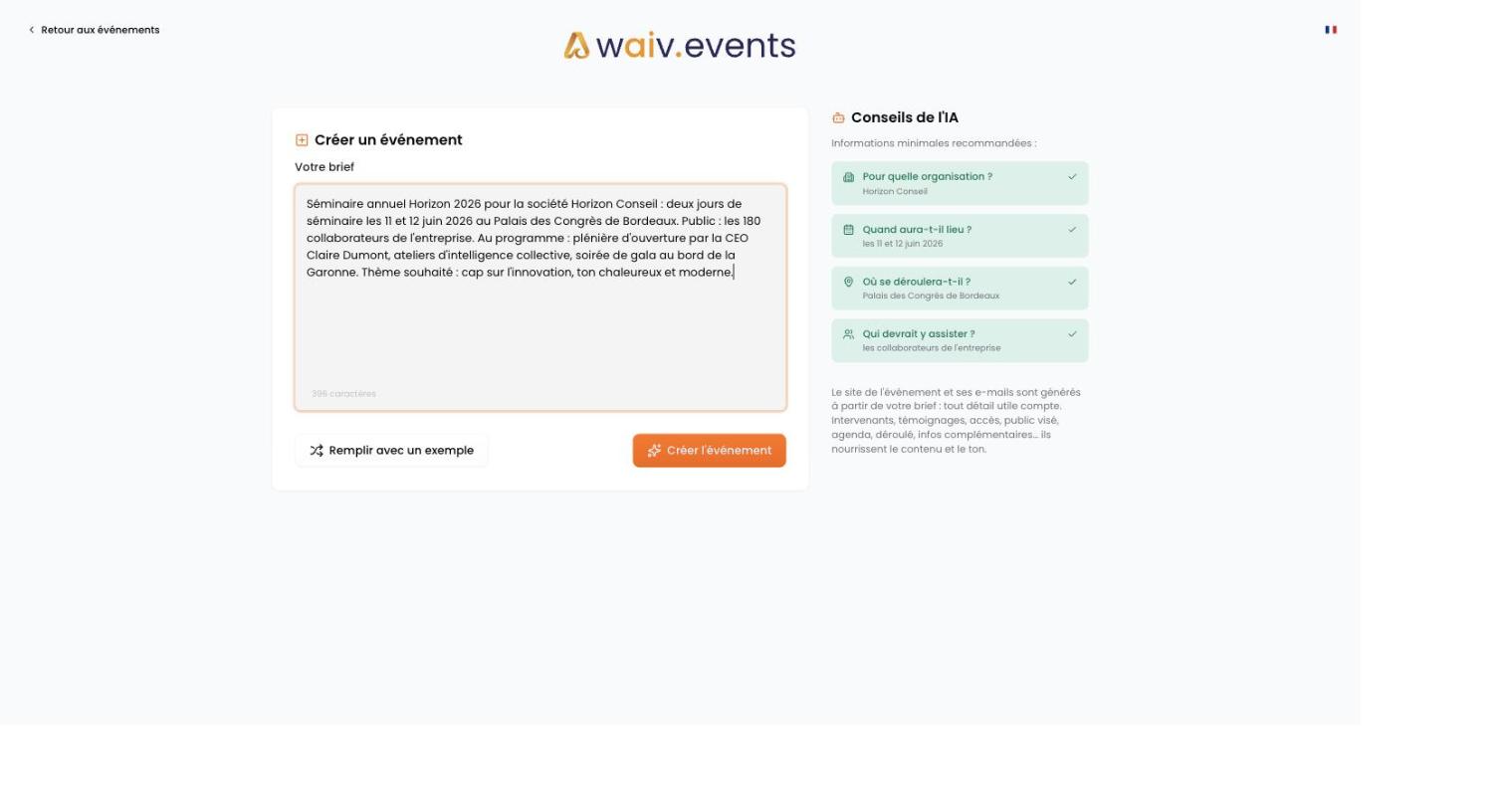 L'étape brief de Waiv : un texte libre à gauche, les informations détectées par l'IA à droite