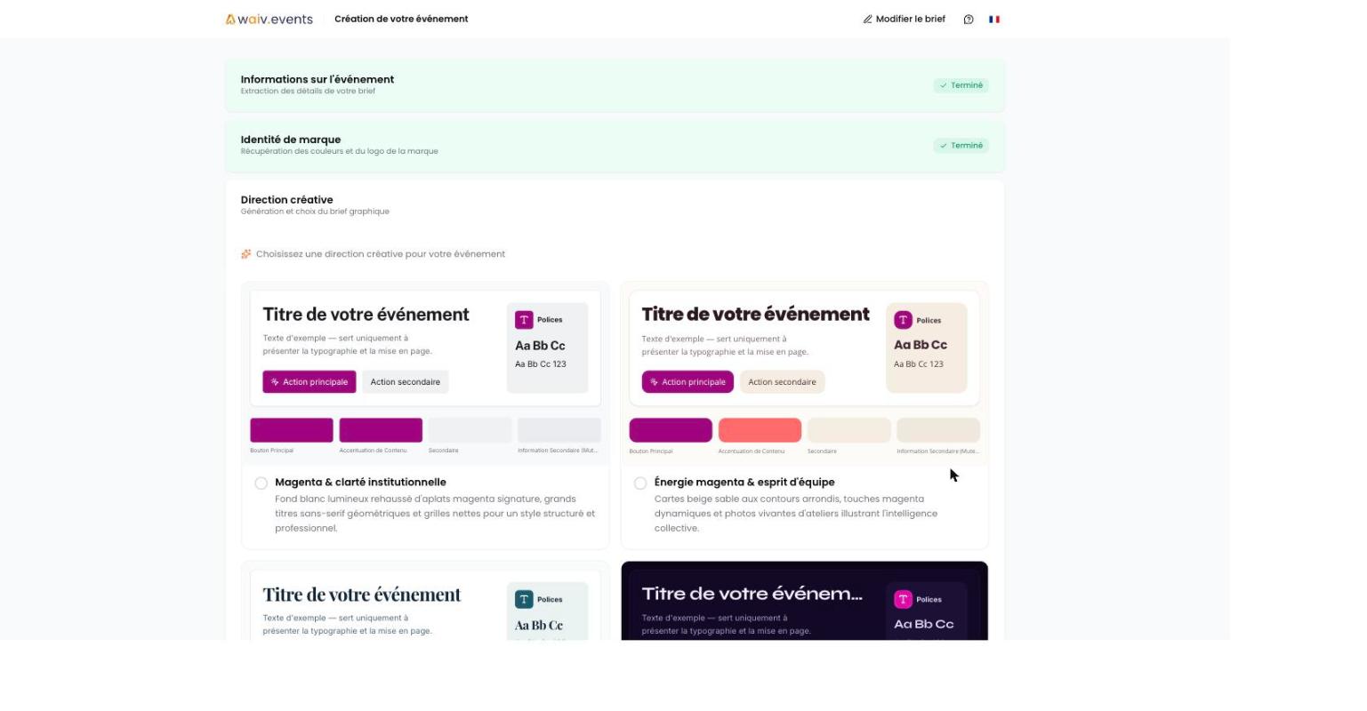 Quatre directions créatives proposées, chacune avec sa palette et sa typographie