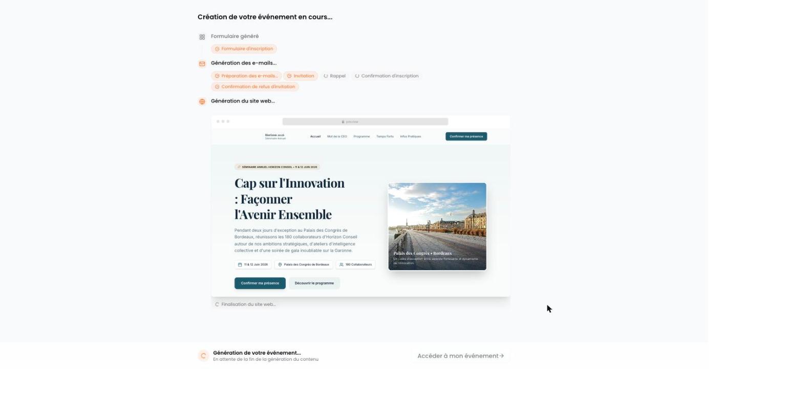 La génération du site en cours, avec l'aperçu qui se construit en direct
